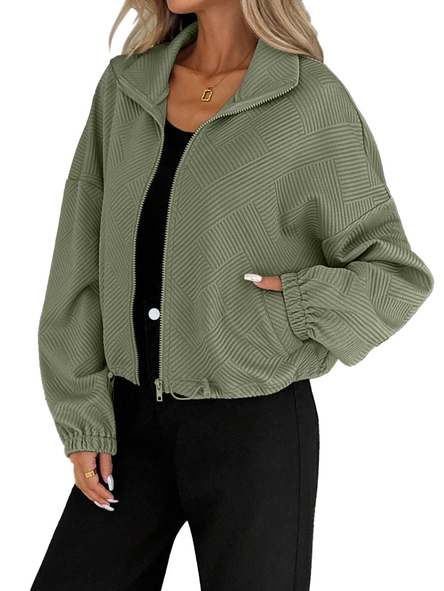 Giacca da donna con collo alto e cerniera – Modello casual autunno-inverno dalla vestibilità ampia con orlo regolabile tramite coulisse
