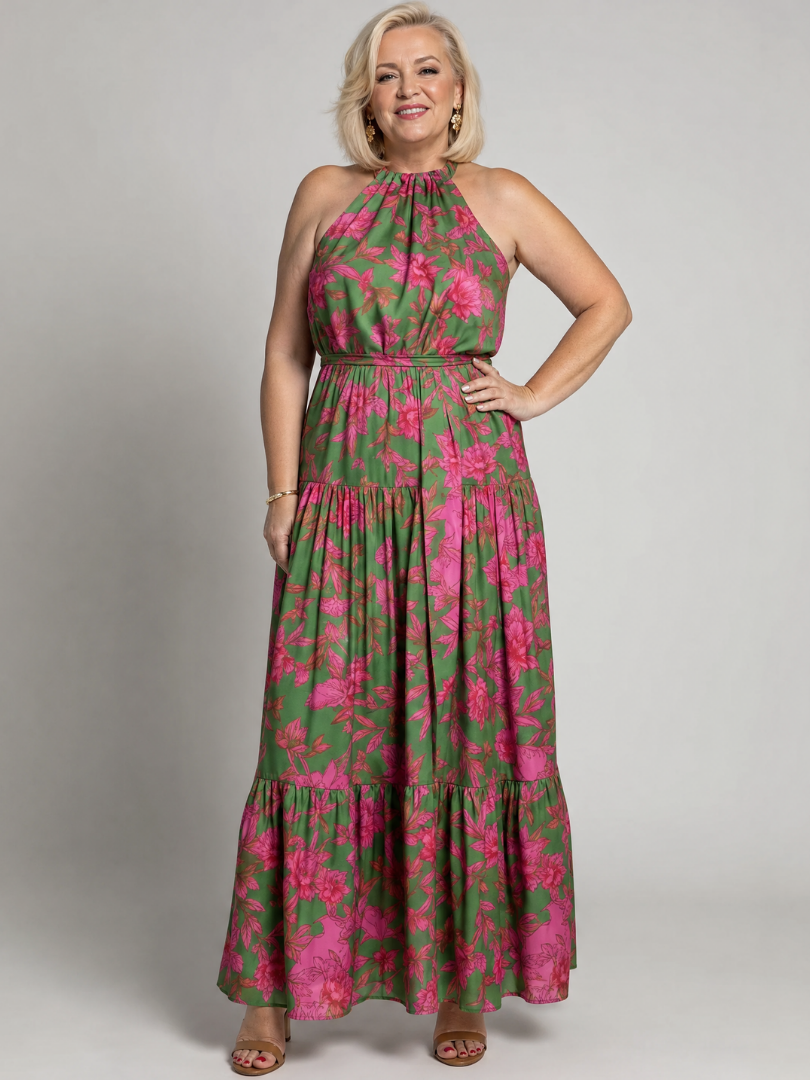Abito midi drappeggiato da donna con collo halter - Chic e valorizzante