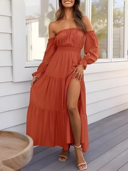 Abito lungo bohémien da donna con spalle scoperte – Abito estivo a trapezio con spacco e volant