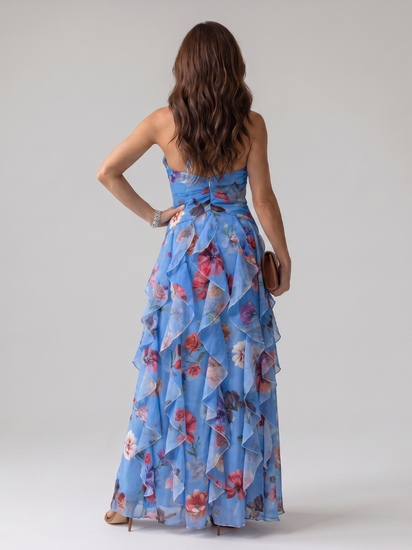 Abito maxi floreale da donna con collo halter e corpetto arricciato - Raffinato ed estivo