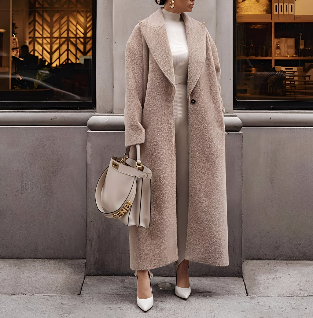 Elegante cappotto lungo oversize da donna – Giacca in finta lana semplice con bottone singolo