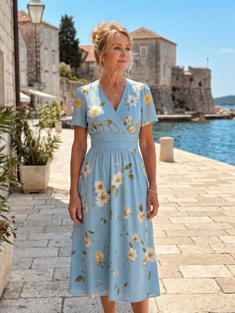 Abito midi floreale da donna con scollo a V e maniche corte - Fluido ed estivo