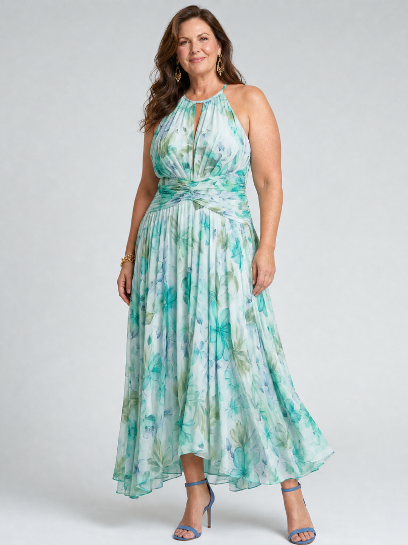 Abito midi floreale plissettato da donna con collo halter - Raffinato e leggero