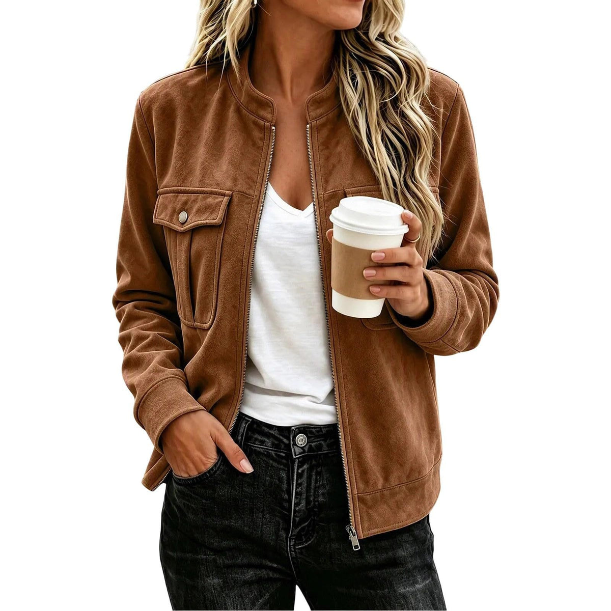 Giacca donna effetto camoscio con zip - Casual ed elegante