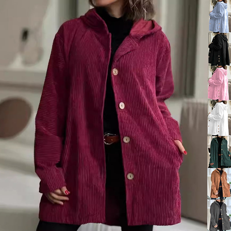 Elegante giacca con cappuccio in velluto a coste da donna – Maglione casual abbottonato di media lunghezza