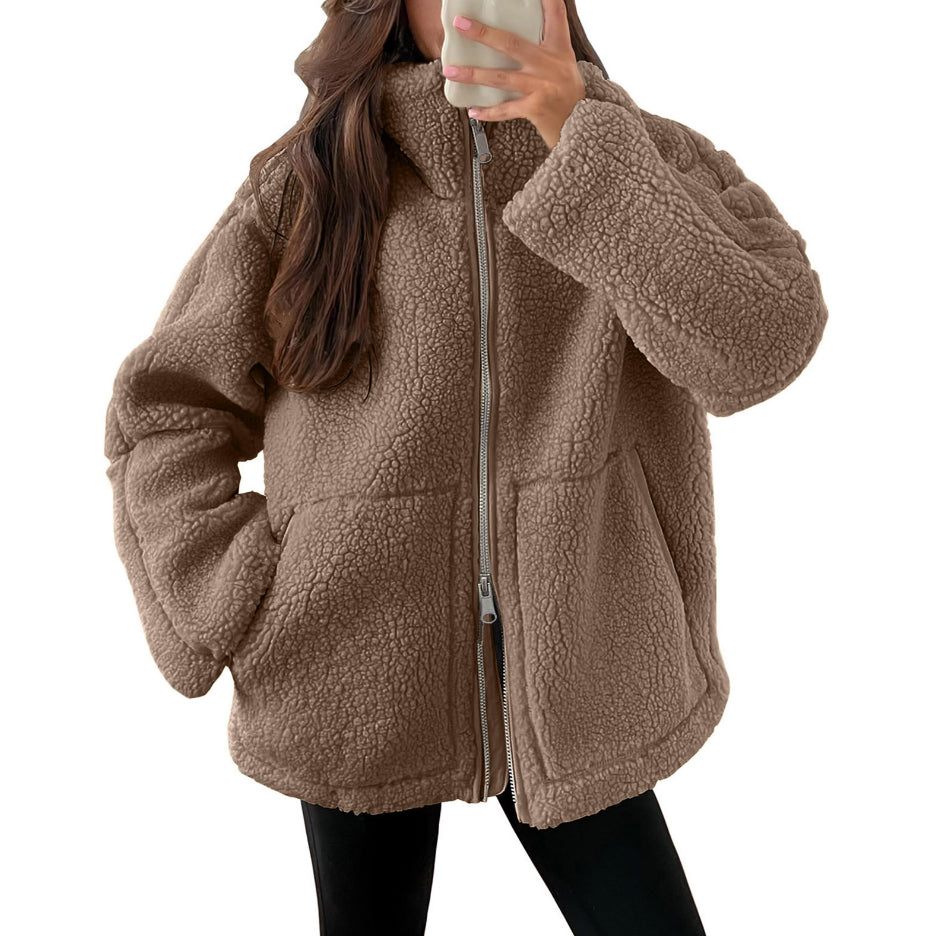 Giacca in pile da donna con colletto a punta – Capospalla casual semplice con tasche