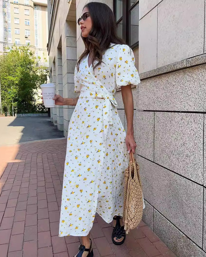 Abito lungo floreale da donna con scollo a V e laccio frontale