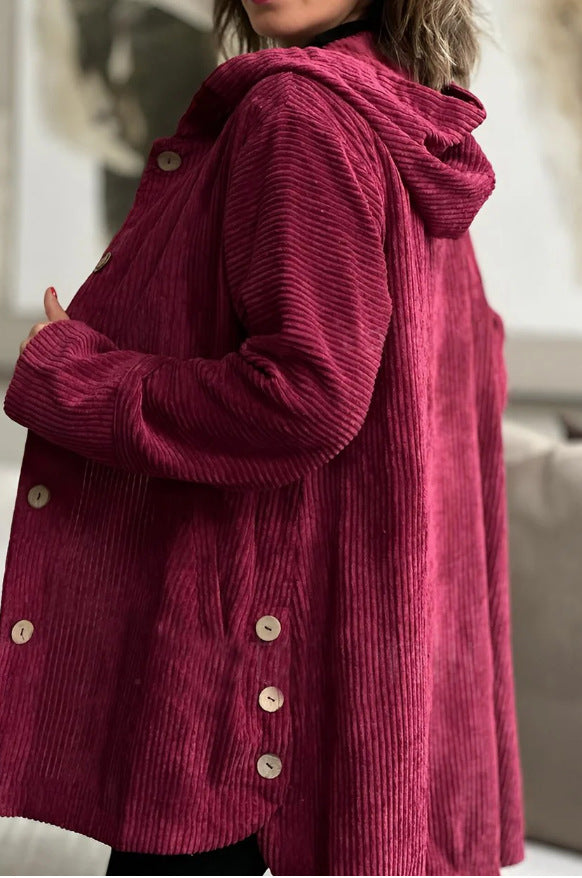 Elegante giacca con cappuccio in velluto a coste da donna – Maglione casual abbottonato di media lunghezza