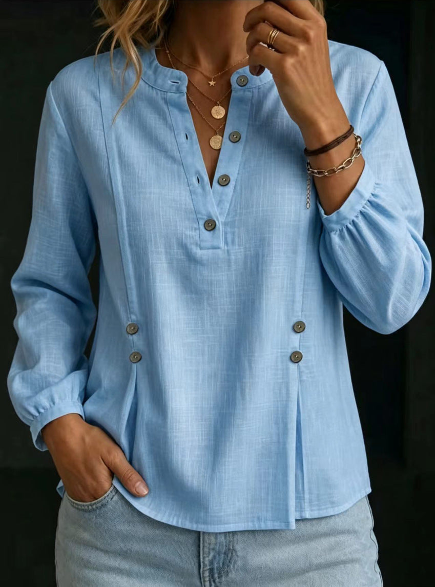 Camicia da donna in cotone e lino con collo alla mandarina – Modello casual estivo a maniche lunghe