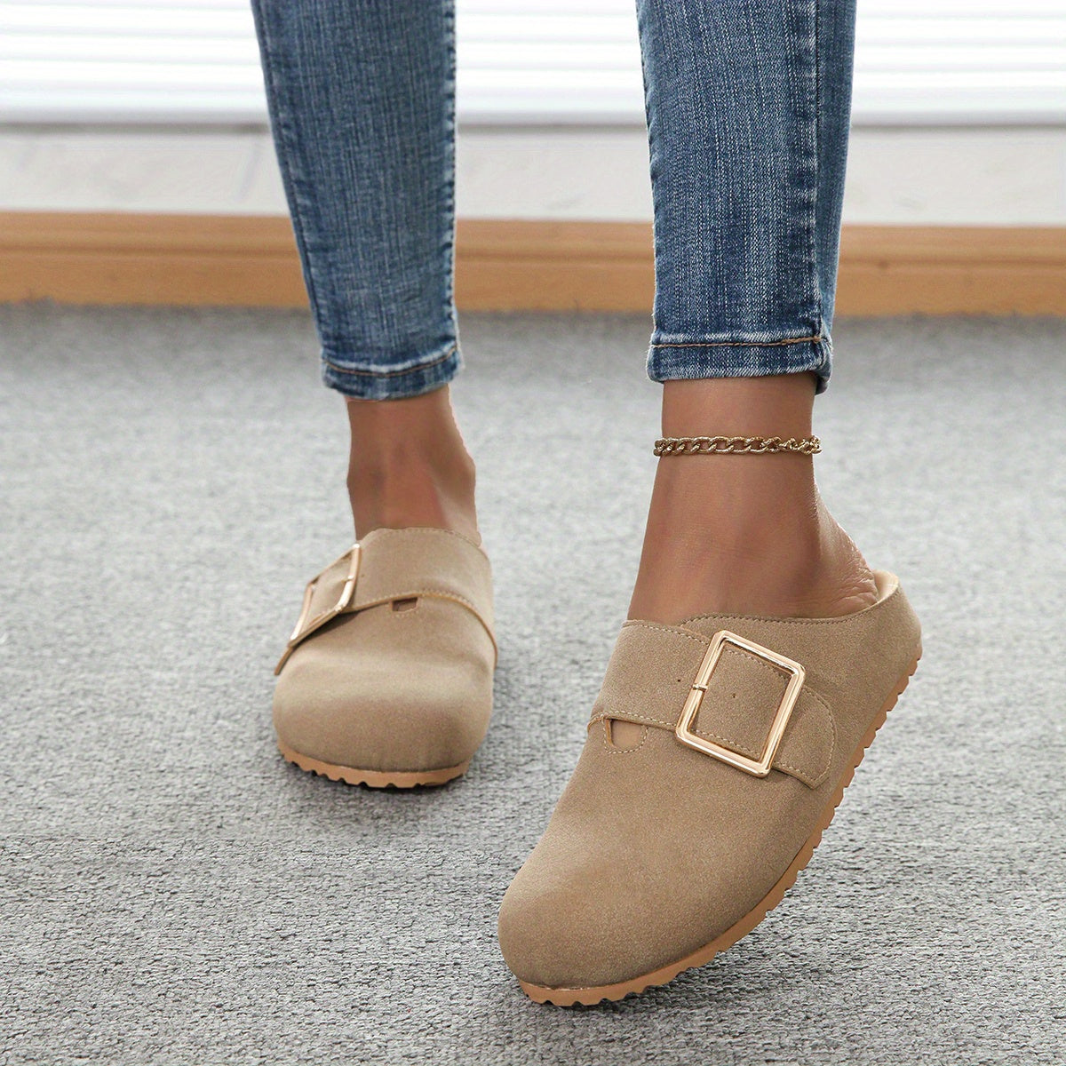 Women's slip-on mules - Comfortable fabric upper with metal buckle strap, soft PU insole, and durable PVC sole - Casual shoes for all seasons, easy to clean, stylish | Guaranteed comfort