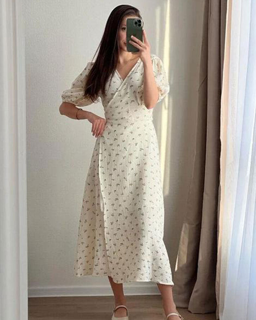 Abito lungo floreale da donna con scollo a V e laccio frontale