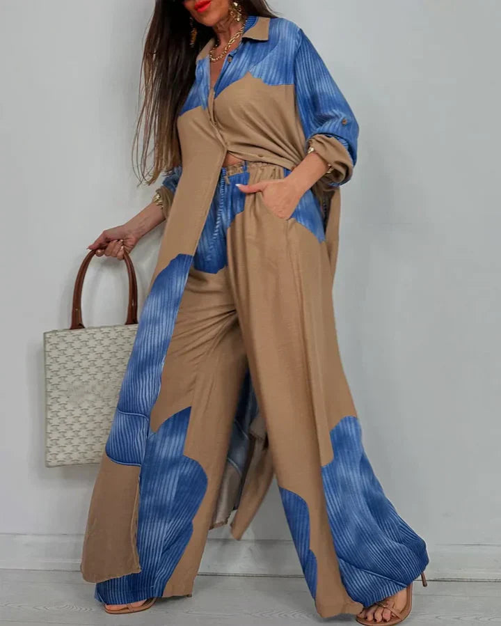 Completo due pezzi donna – Camicia con colletto e bottoni e pantaloni a gamba larga a vita alta coordinati