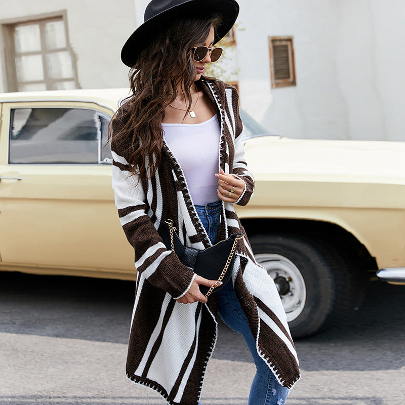 Cardigan donna a righe con cappuccio - Morbido e casual