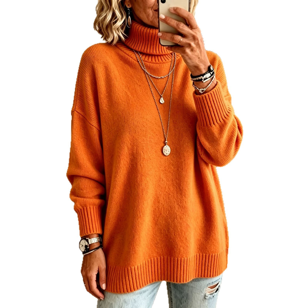 Pull femme ample à col roulé - Chaud et facile à porter