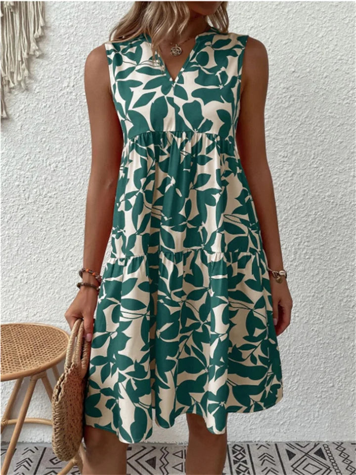 Abito midi floreale senza maniche da donna – Abito estivo con volant e scollo a V