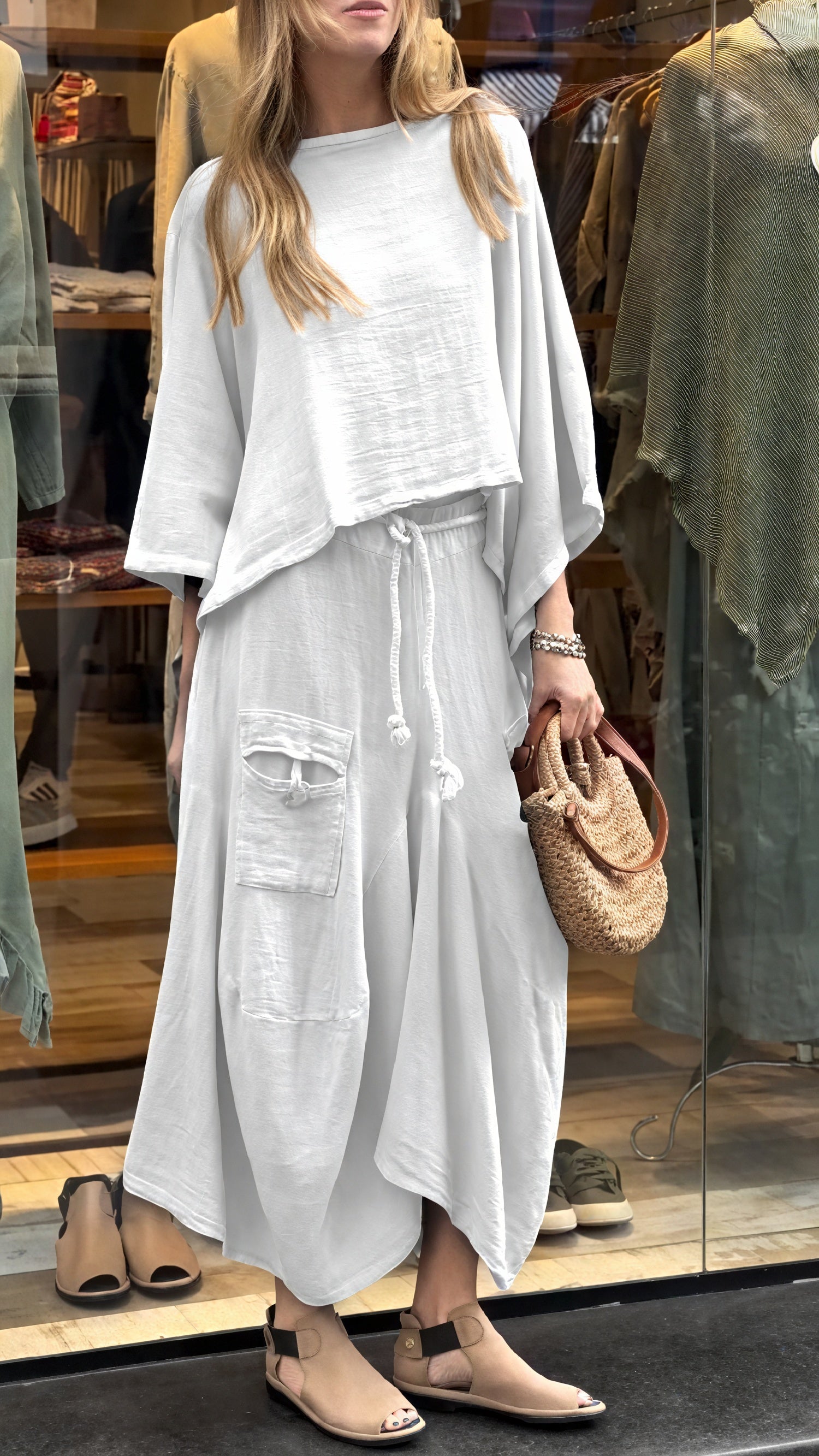 Completo da donna in 2 pezzi, vestibilità comoda: top a gamba larga e pantaloni fluidi con tasche