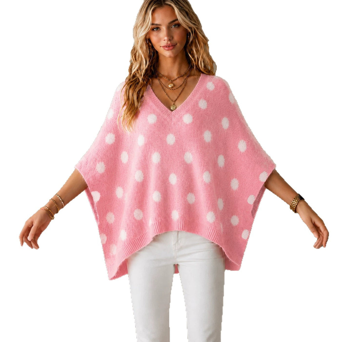 Women's polka-dot knit top with a V-neck - Lightweight and original