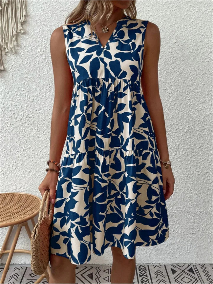 Abito midi floreale senza maniche da donna – Abito estivo con volant e scollo a V