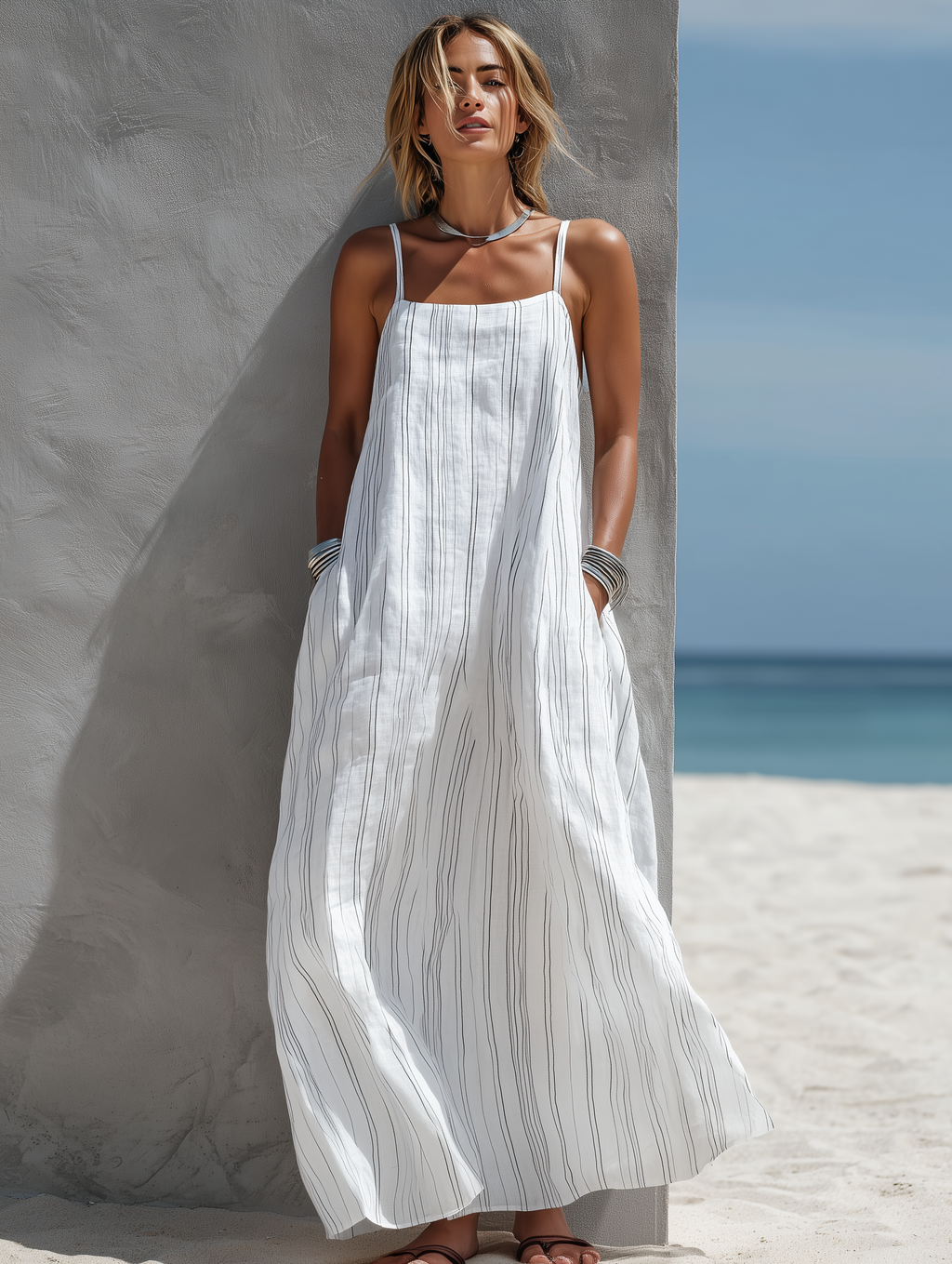 Abito maxi smanicato a righe da donna - Leggero e rilassato
