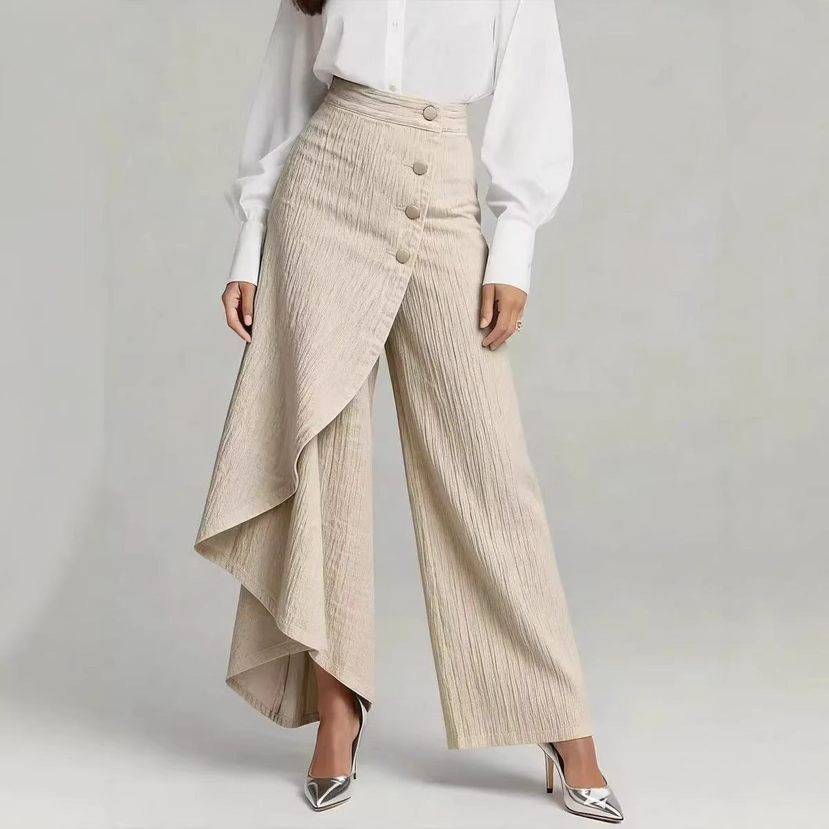 Pantaloni in finto denim a gamba dritta da donna – Pantaloni alla moda con bottoni arricciati