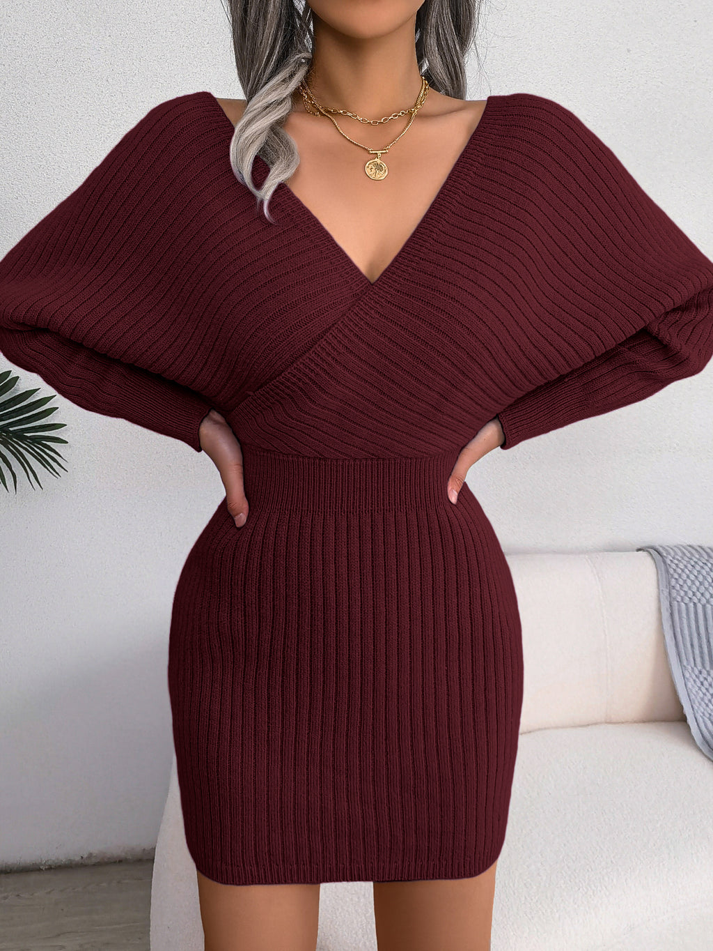 Abito maglione donna aderente con scollo a V incrociato