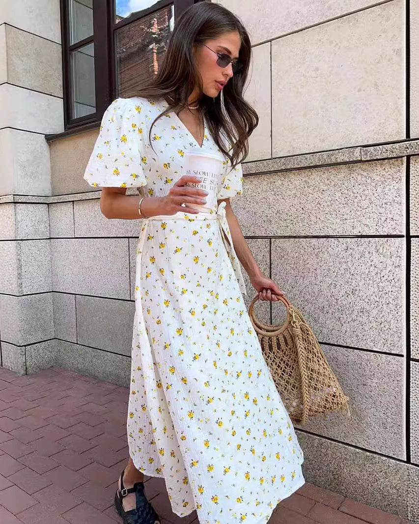 Abito lungo floreale da donna con scollo a V e laccio frontale
