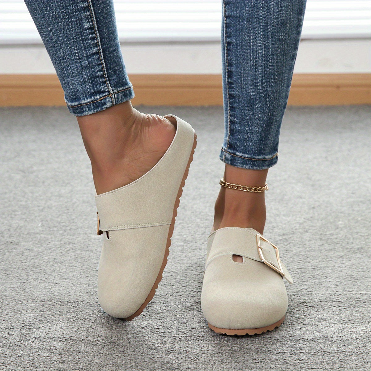 Women's slip-on mules - Comfortable fabric upper with metal buckle strap, soft PU insole, and durable PVC sole - Casual shoes for all seasons, easy to clean, stylish | Guaranteed comfort