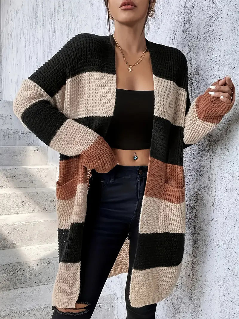 Cardigan femme à manches longues rayé et coupe ample – Style décontracté et confortable, disponible en trois couleurs