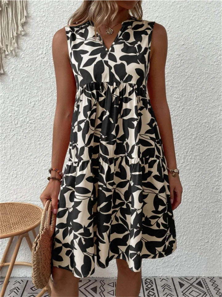 Abito midi floreale senza maniche da donna – Abito estivo con volant e scollo a V