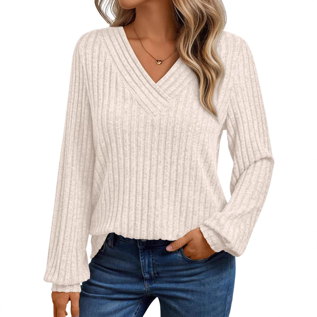 Pull femme côtelé à col en V - Doux et décontracté