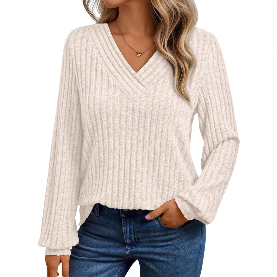 Pull femme côtelé à col en V - Doux et décontracté