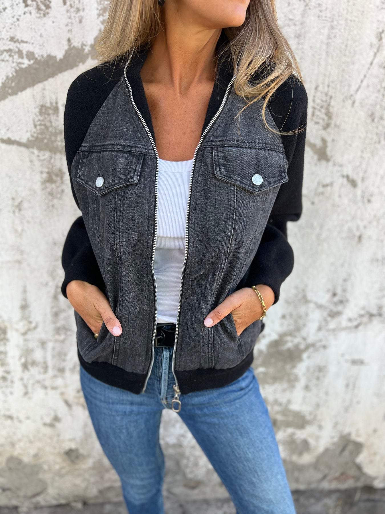 Giacca elegante con scollo a V e cerniera da donna – Abbigliamento casual per tutti i giorni