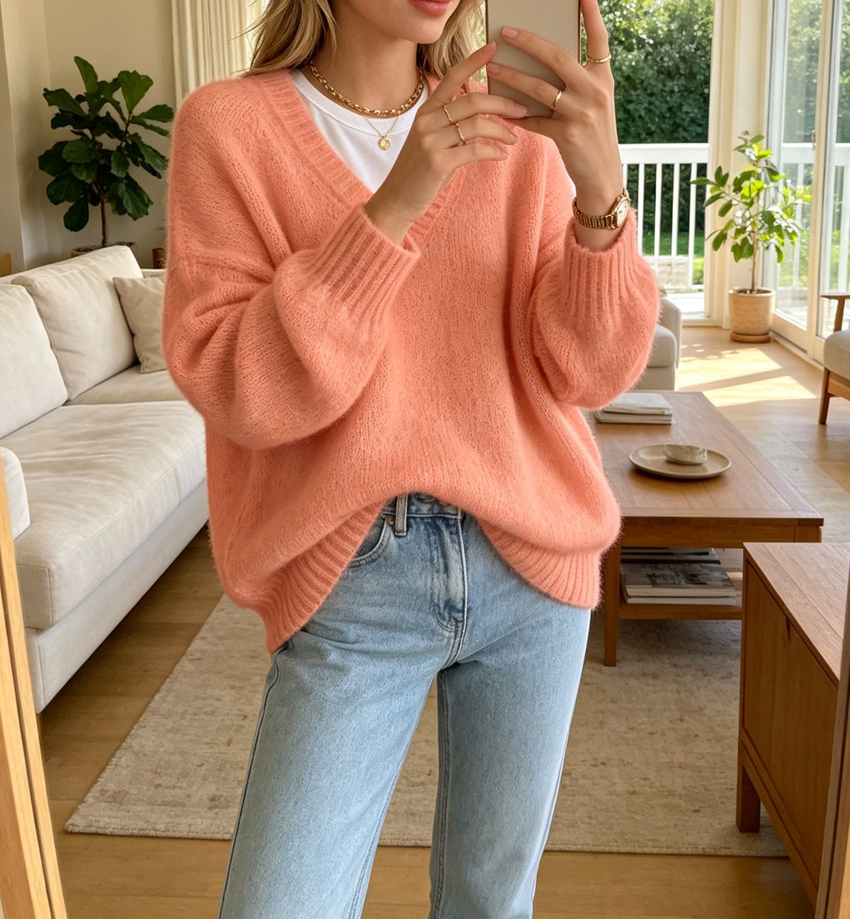 Pull femme ample à col V - Doux et décontracté
