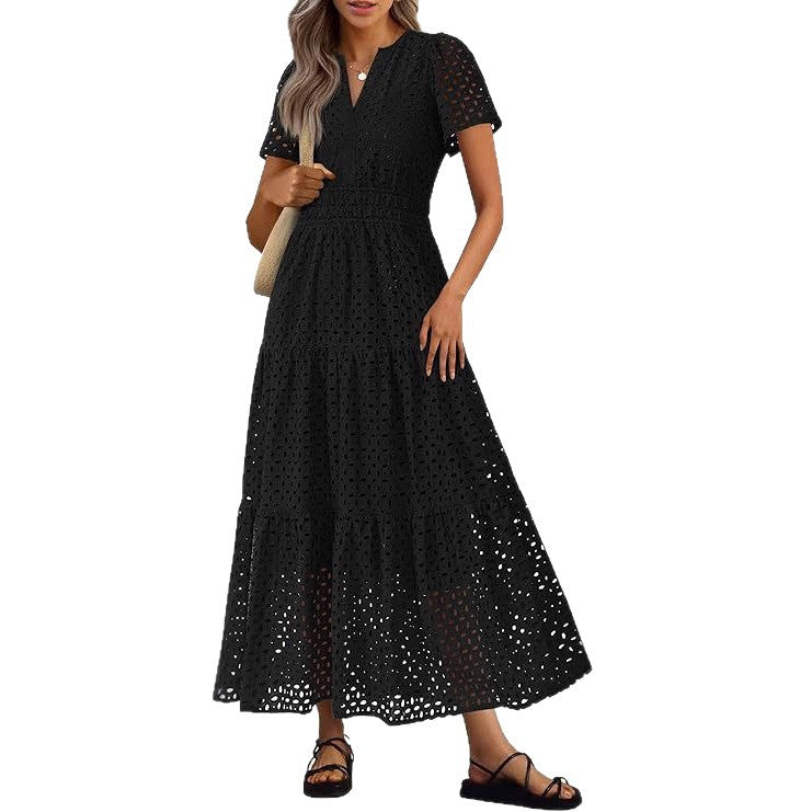 Abito lungo e fluido da spiaggia da donna – Stile scollo a V con maniche corte con occhielli