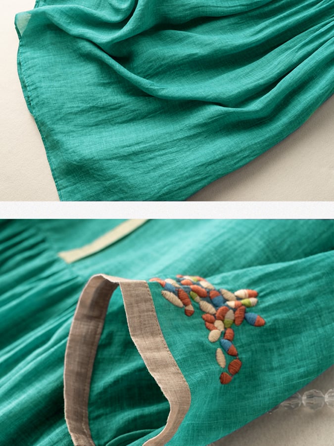Donna Leggero Elegante Ricamato Cotone Lino Abito – Traspirante, Comoda