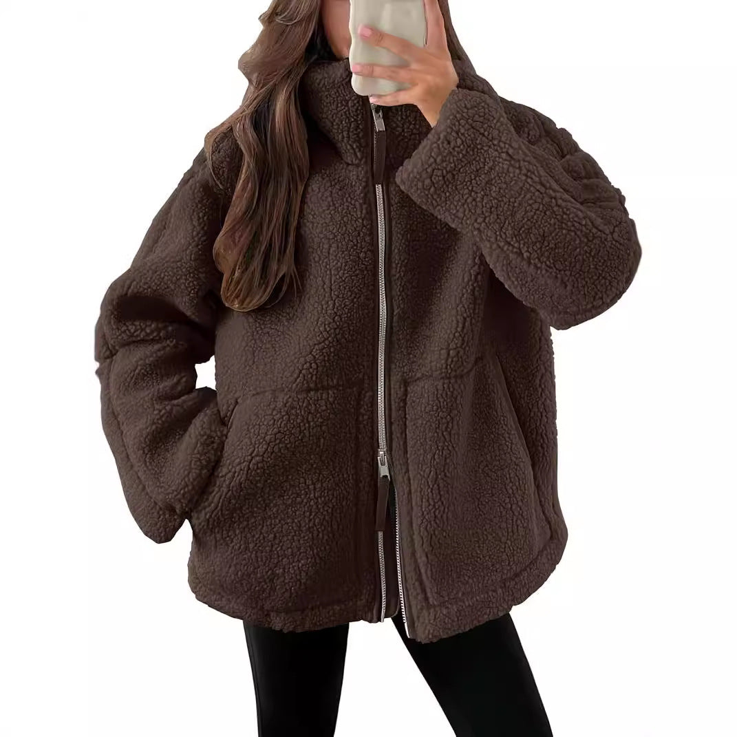 Giacca in pile da donna con colletto a punta – Capospalla casual semplice con tasche