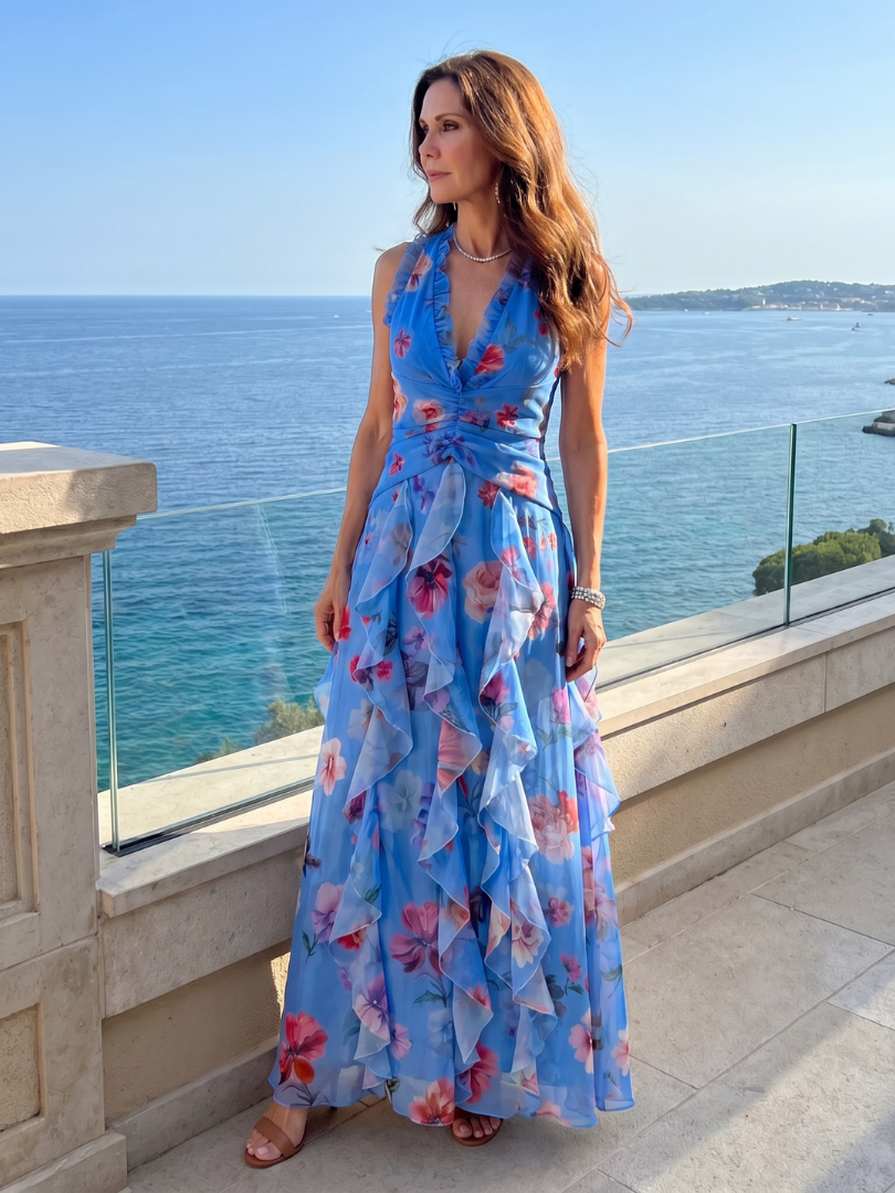 Abito maxi floreale da donna con collo halter e corpetto arricciato - Raffinato ed estivo