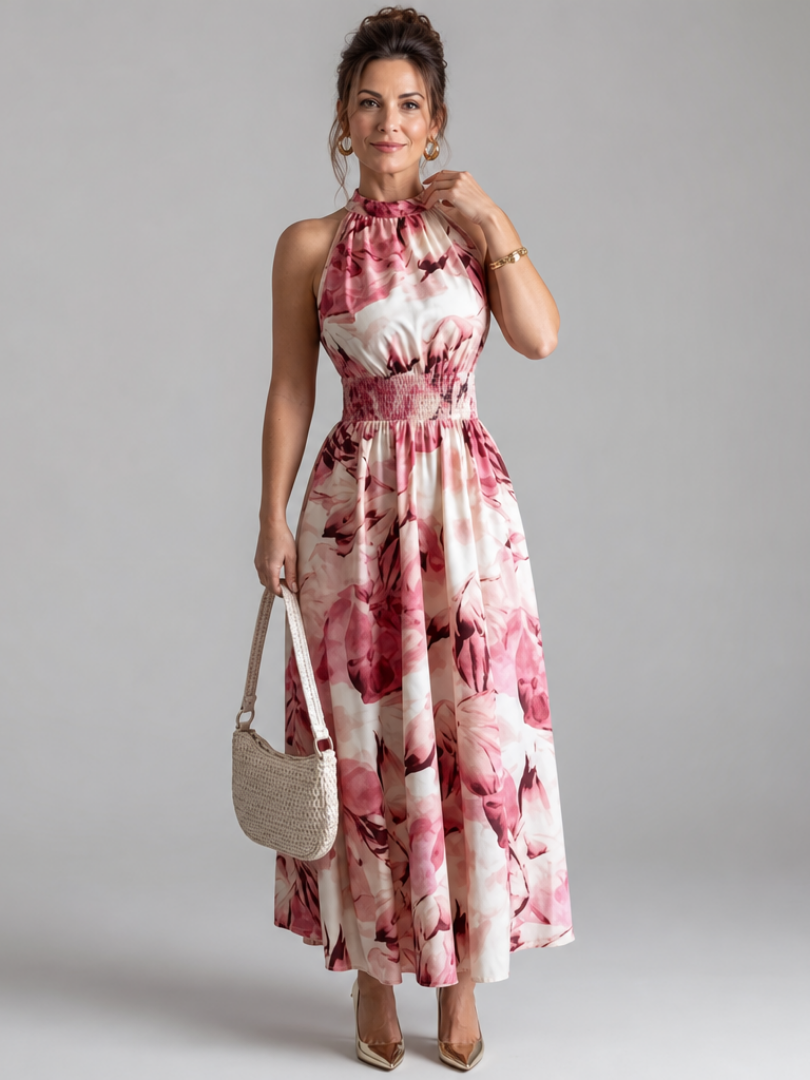 Abito midi da donna con stampa astratta e vita arricciata - Fluido ed elegante
