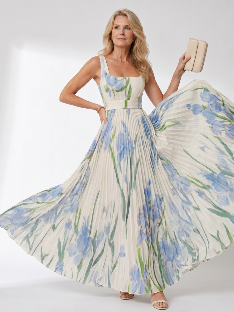 Abito midi plissettato da donna senza maniche con scollo quadrato - Elegante ed estivo