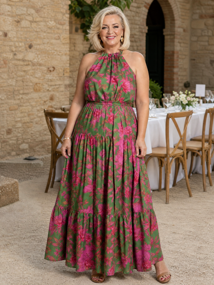 Abito midi drappeggiato da donna con collo halter - Chic e valorizzante