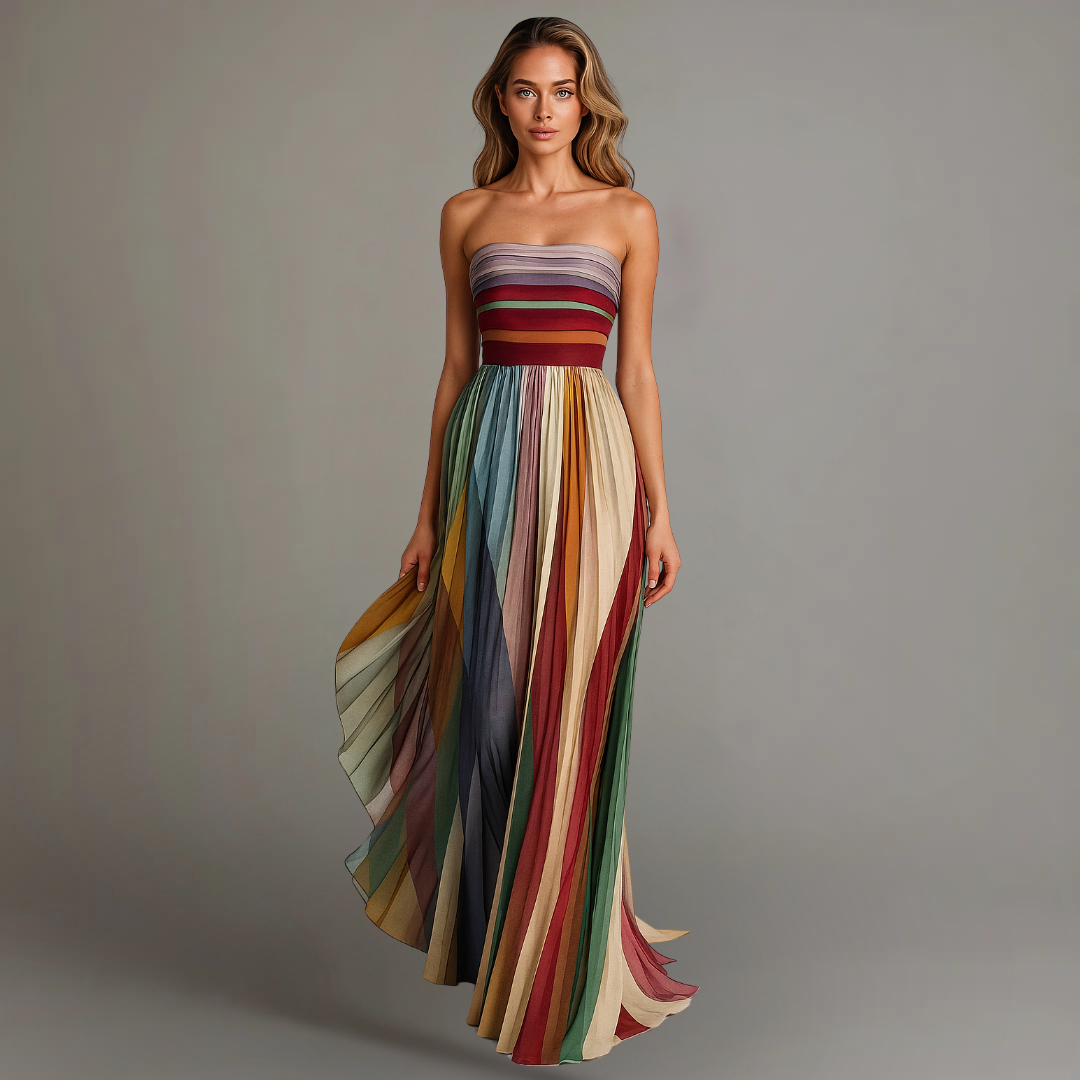 Abito lungo donna bustier plissettato – Vestito maxi elegante senza spalline per cerimonie e matrimoni