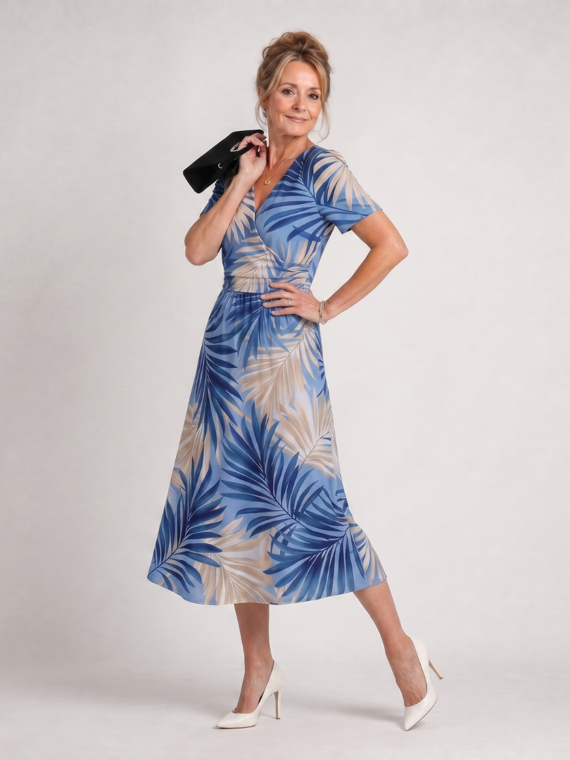 Abito midi floreale da donna con scollo a V e maniche corte - Fluido ed estivo