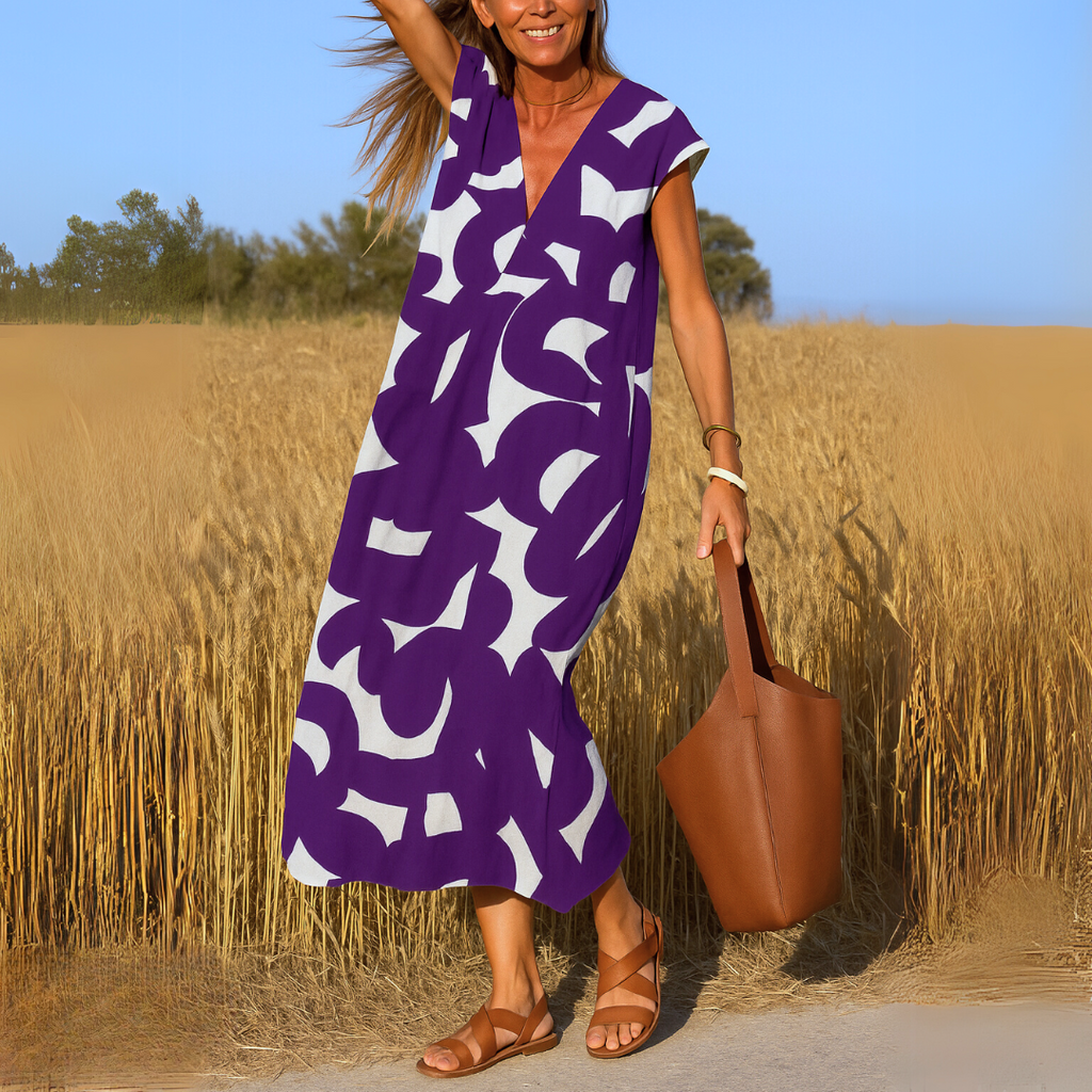 Abito midi Shaira con stampa geometrica bianco nero e scollo a V