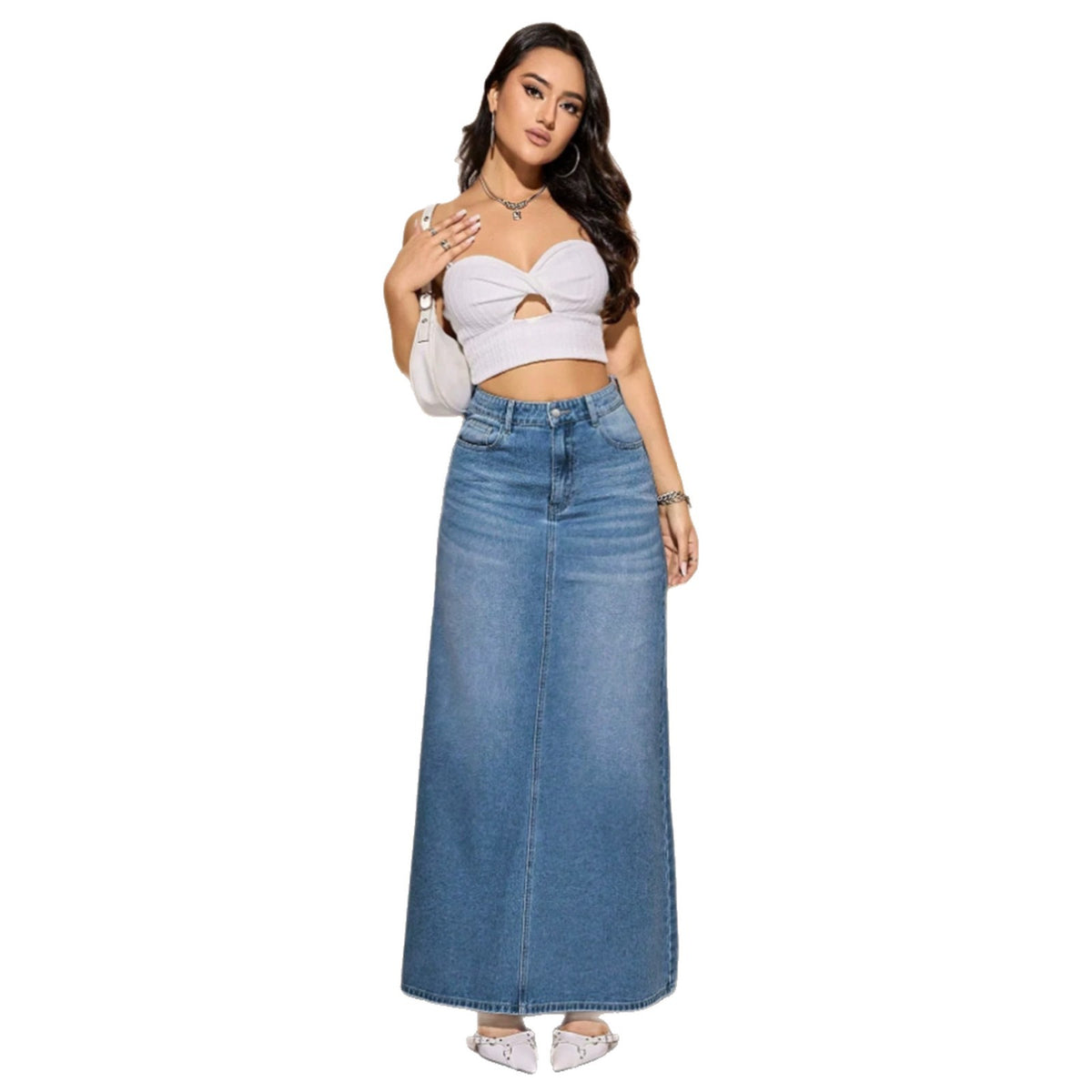 Jupe longue en denim délavé pour femme - Décontractée et polyvalente