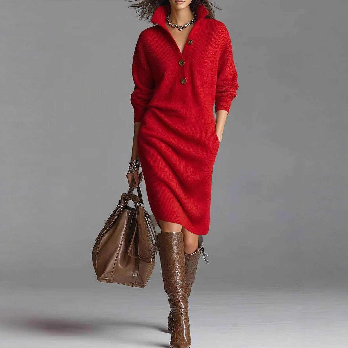 Abito in maglia a maniche lunghe da donna – Scollo a V alto con bottoni