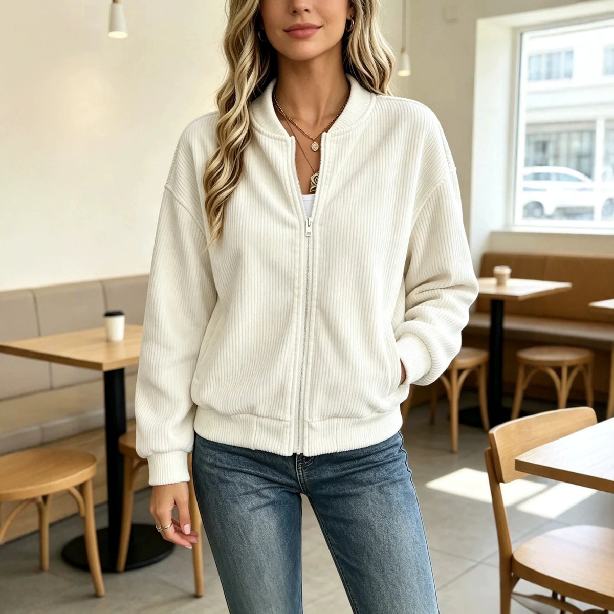 Veste femme zippée à rayures verticales - Rétro et décontractée