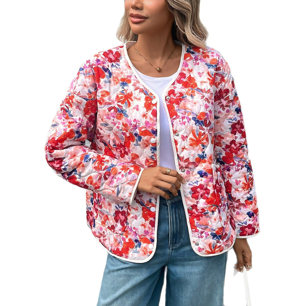 Blusa donna stampata con bottoni e tasche dal taglio morbido