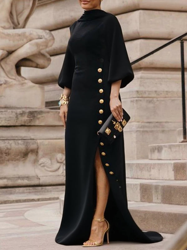 Vestito maxi da donna con maniche a sbuffo – elegante con collo alto e bottoni