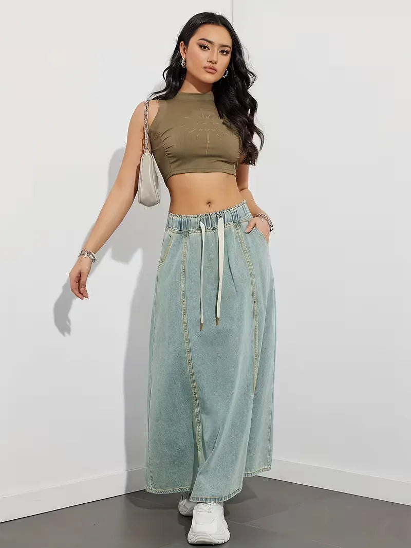 Gonna maxi in denim da donna con vita elasticizzata - Comoda e pratica