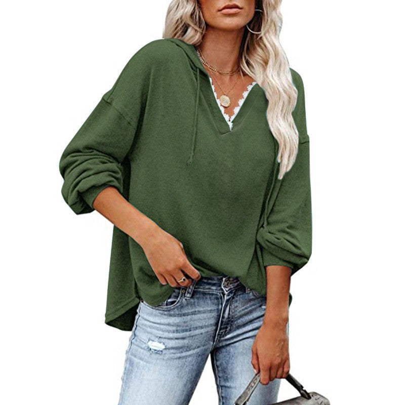 Felpa donna con cappuccio, pizzo e scollo a V a maniche lunghe